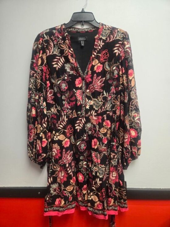 Adrianna Papell Dresses & Skirts - Adrianna Papell Dress 12 Black Pink Floral A-Line Midi Belted V-Neck Long Sleeve